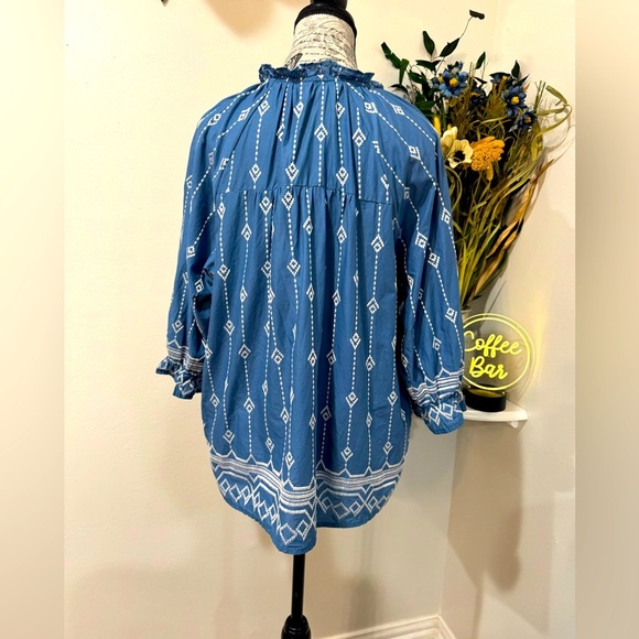Umgee Boho Chic Embroidered Tie Front Ruffled 3/4 Sleeve Blouse size Small USA - Picture 4 of 9
